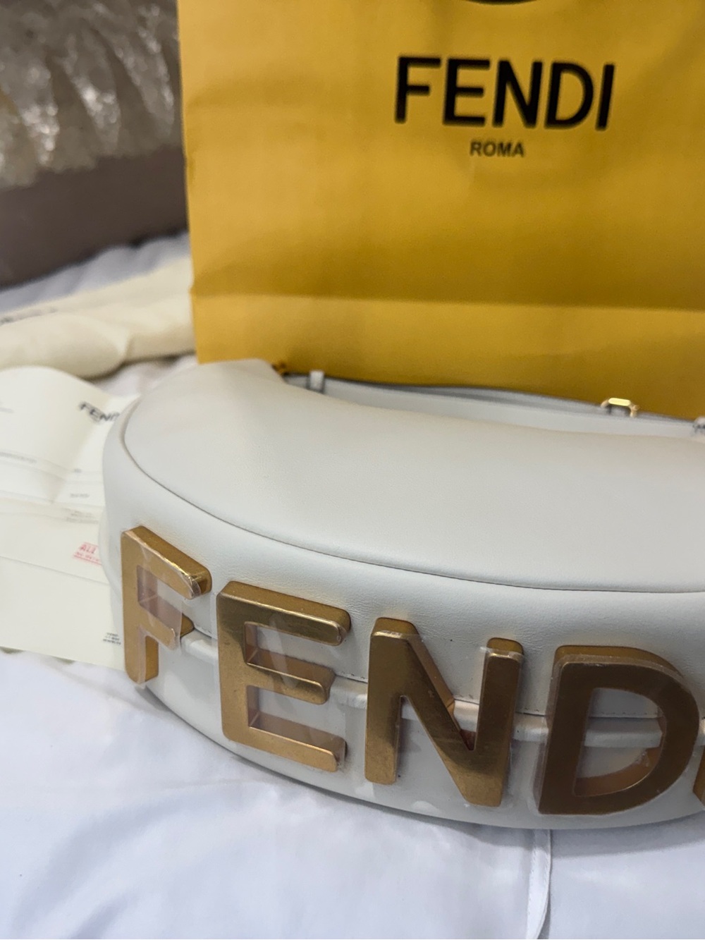 Fendi - Fendigraphy White Shoulder Bag with Gold Hardware